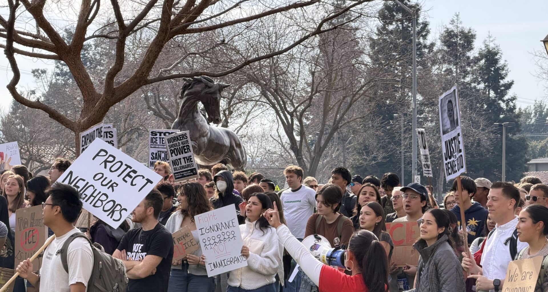 Santa Clara University students, faculty and local community members gathered on Jan. 30 as part of a national day of action against ICE.