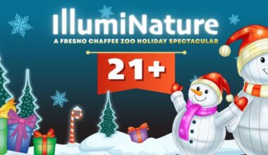 IllumiNature: A Fresno Chaffee Zoo Holiday Spectacular 21+ with images of snowflakes, glowing snowmen and Christmas trees.
