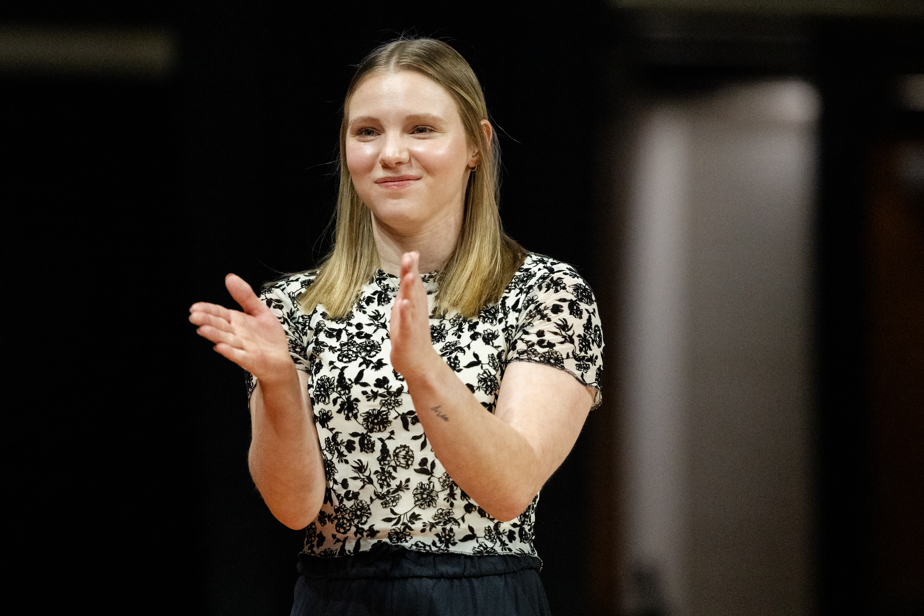 Student Assistant Coach Jade Carey of the Oregon State Beavers reacts after a vault during a gymnastics meet against the Sacramento State Hornets at Gill Coliseum on January 16, 2026 in Corvallis, OR.