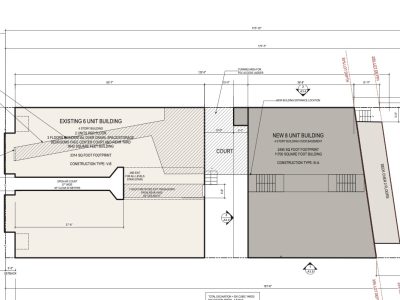 Architectural site plan showing an existing 6-unit building and a new 8-unit building footprint, separated by a court, with measurements and construction notes indicated.