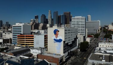 An aerial view shows a mural in progress of Los Angeles Dodgers' Shohei Ohtani, created by artist Robert Vargas, in the Little Tokyo neighborhood of Los Angeles Saturday, March 16, 2024. The Dodgers and the San Diego Padres play Major League Baseball's first regular-season games in Seoul, South Korea on March 20-21. (AP Photo/Jae C. Hong)