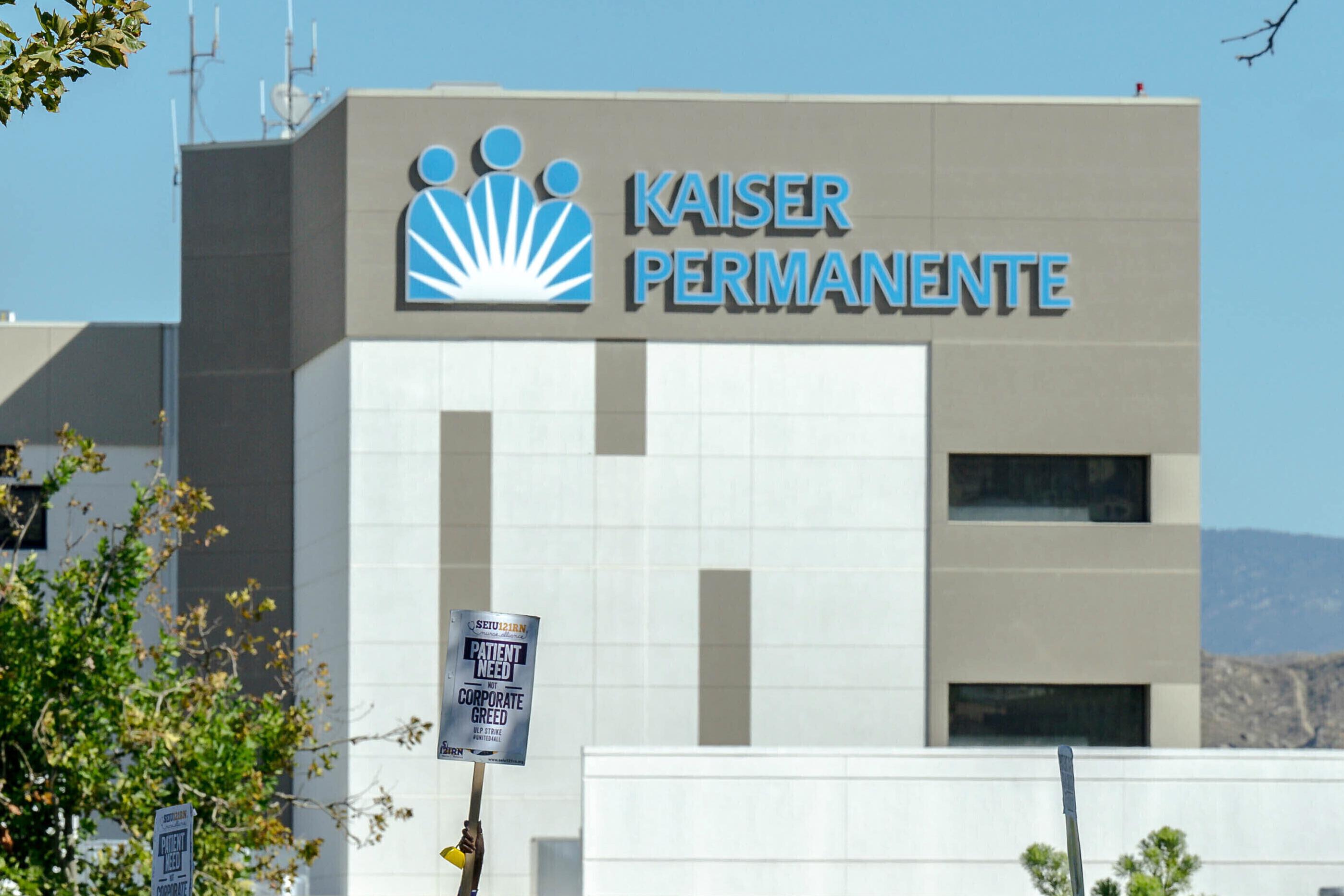 Kaiser Permanente hospital logo is seen during a nationwide strike,...