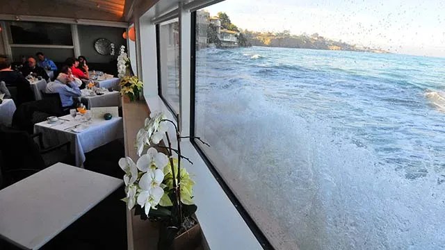 King tide waves spash against Marine Room