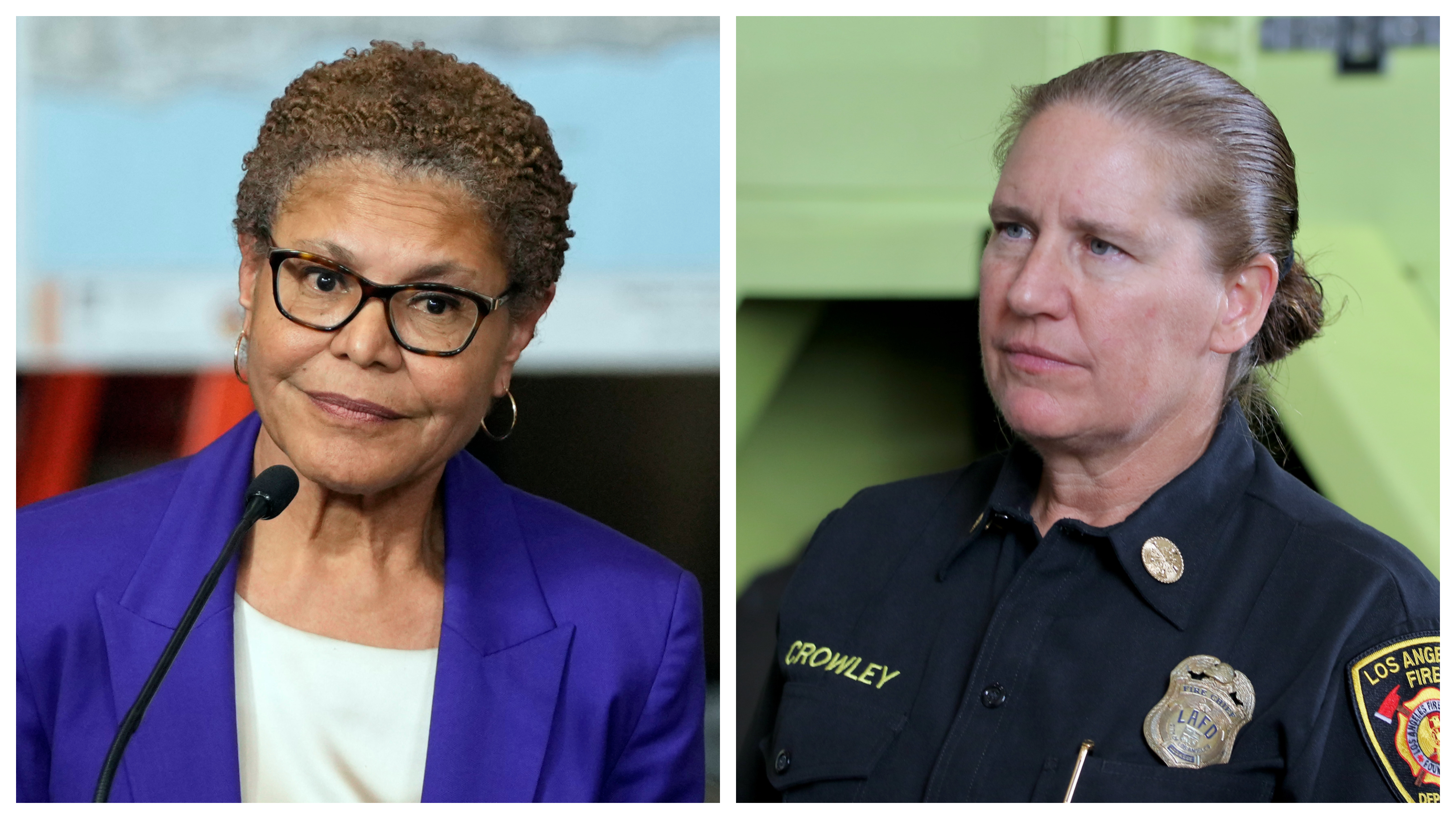 Mayor Karen Bass, left, demoted Los Angeles Fire Department Chief...