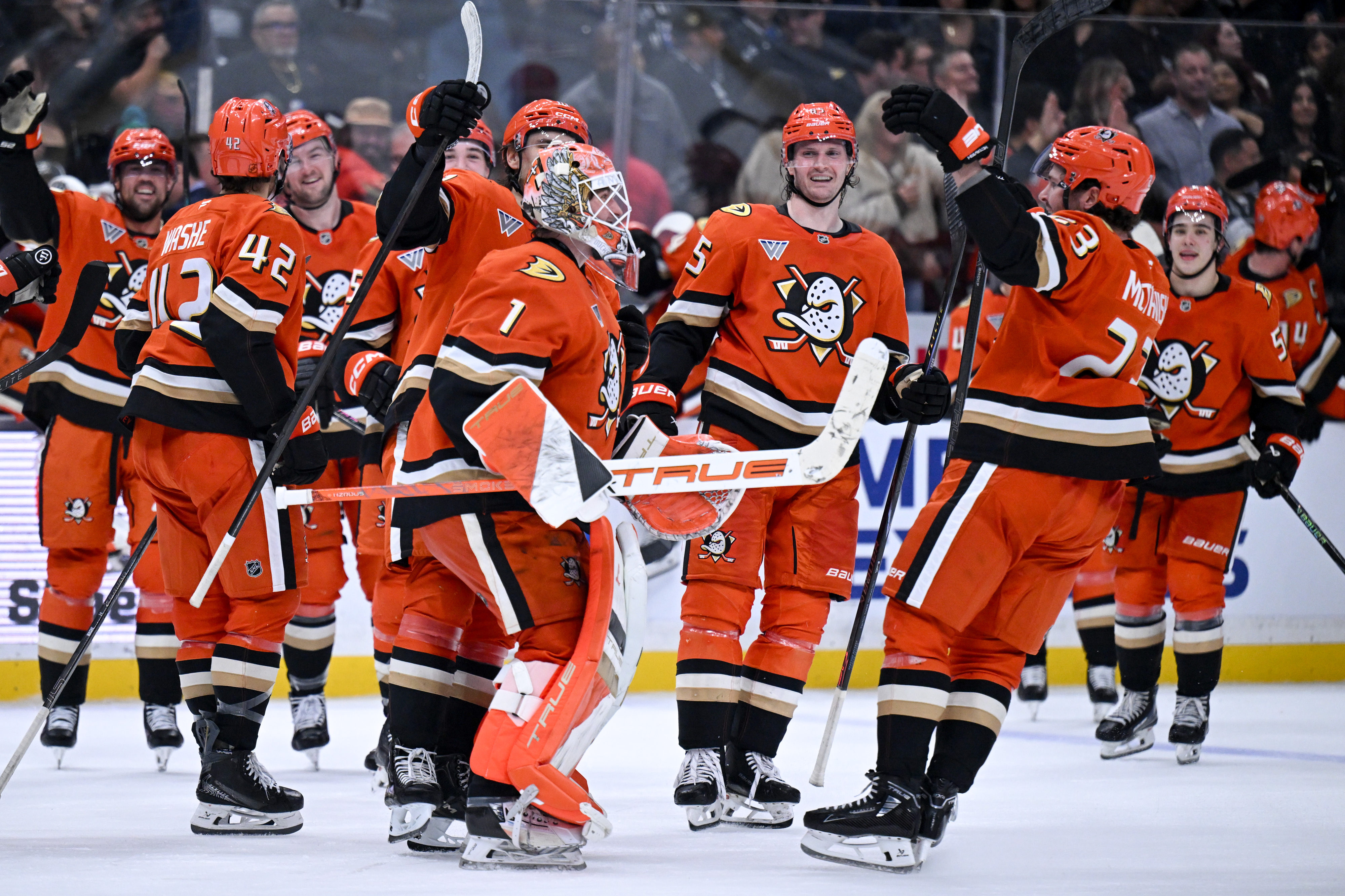The Ducks celebrate after their 3-2 shootout victory over the...