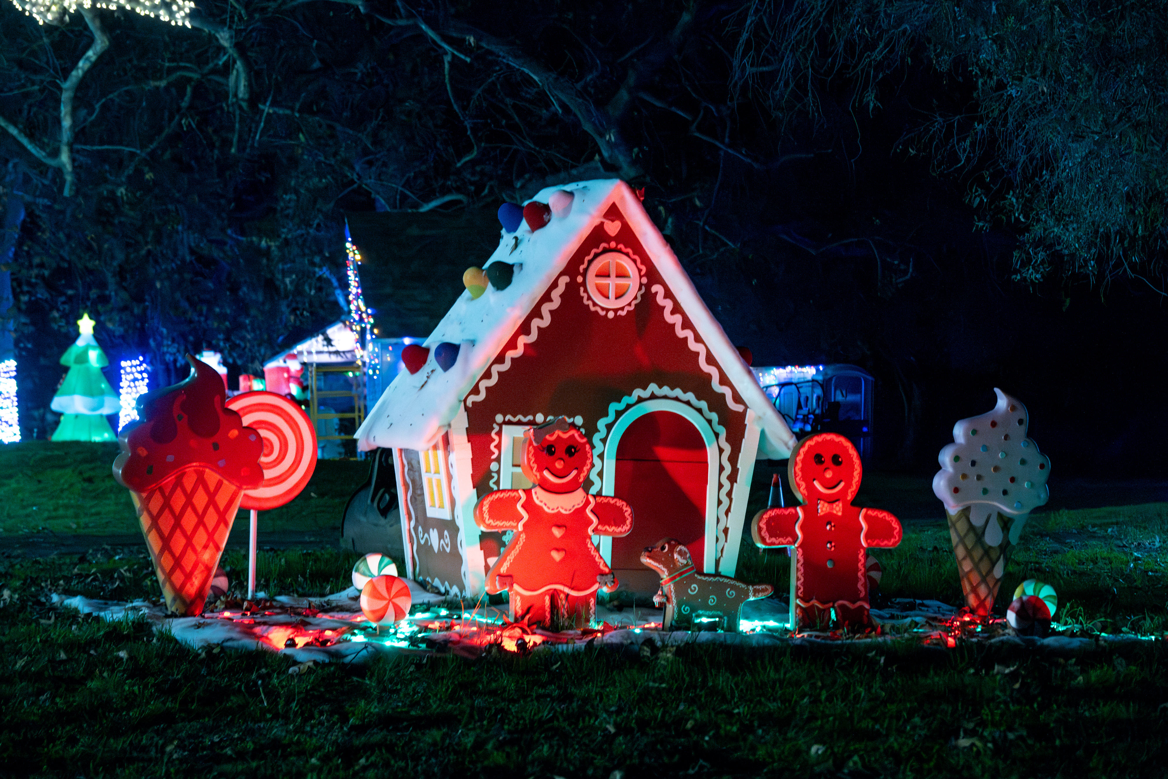 Passengers pass by a life-size gingerbread house on the tour...