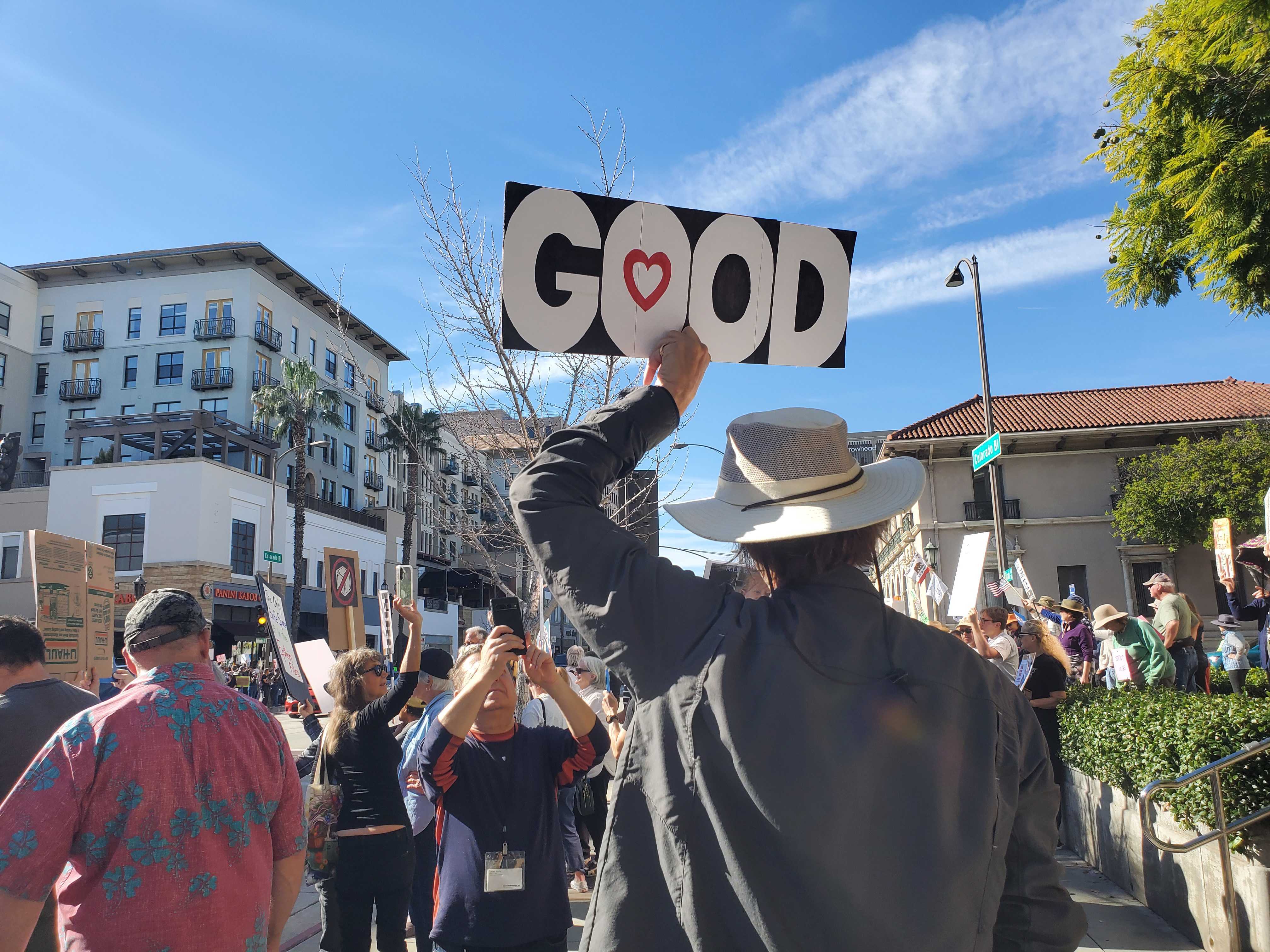 Demonstrators gather in Pasadena on Saturday, Jan. 10, to protest...