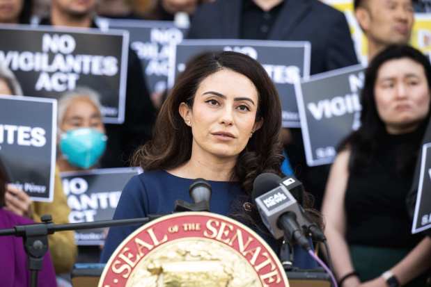 State Sen. Sasha Renée Pérez' announces her No Vigilantes Act (SB 805), a bill requiring officers in an immigration raid to identify themselves and not wear masks, during a press conference at Pasadena City Hall on Monday, June 23, 2025. (Photo by Sarah Reingewirtz, Los Angeles Daily News/SCNG)