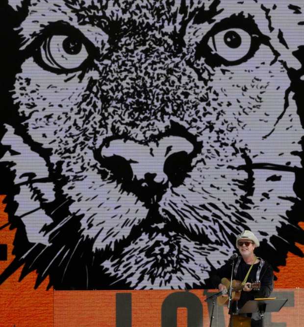 Actor Rainn Wilson performs song about P22 during the celebration of life for the wild mountain lion who died, famous P-22 at the Greek Theatre in Los Angeles on Saturday, February 4, 2023. (Photo by Keith Birmingham, Pasadena Star-News/ SCNG)