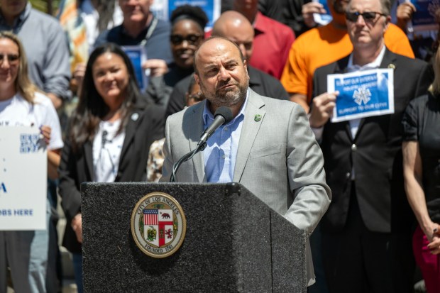 Councilmember Adrin Nazarian speaks with film industry representatives behind him during a rally outside Los Angeles City Hall after the Los Angeles City Council voted on a motion to keep more film and television production in L.A by adjusting fees, streamlining the permitting process, and removing other regulatory obstacles to filming in L.A. on Tuesday, April 29, 2025. (Photo by Hans Gutknecht, Los Angeles Daily News/SCNG)