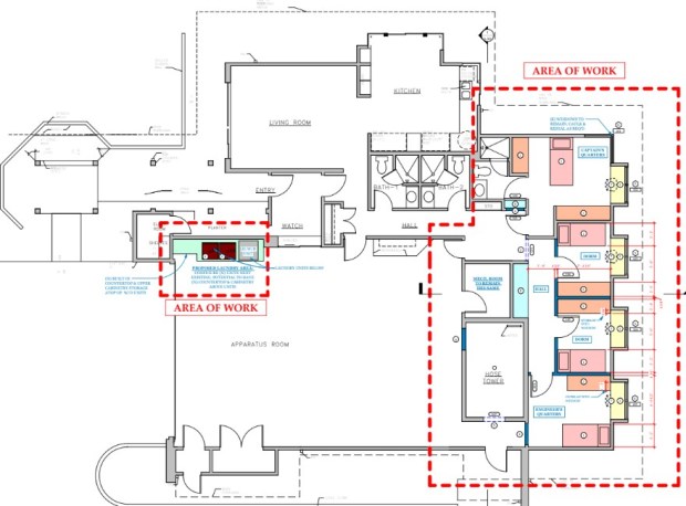 A renovation plan for Fire Station 16 at 2110 Via Casa Alta on Mount Soledad in La Jolla seeks to enhance the living quarters and part of the apparatus room, shown in this rendering by Arista Architects. (Provided by Parker Davenport)