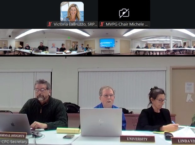 Chris Nielsen (center), head of a Community Planners Committee subcommittee that issued recommendations for the city of San Diego's Land Development Code update, addresses the CPC at its Jan. 27 meeting. (Screenshot by Noah Lyons)