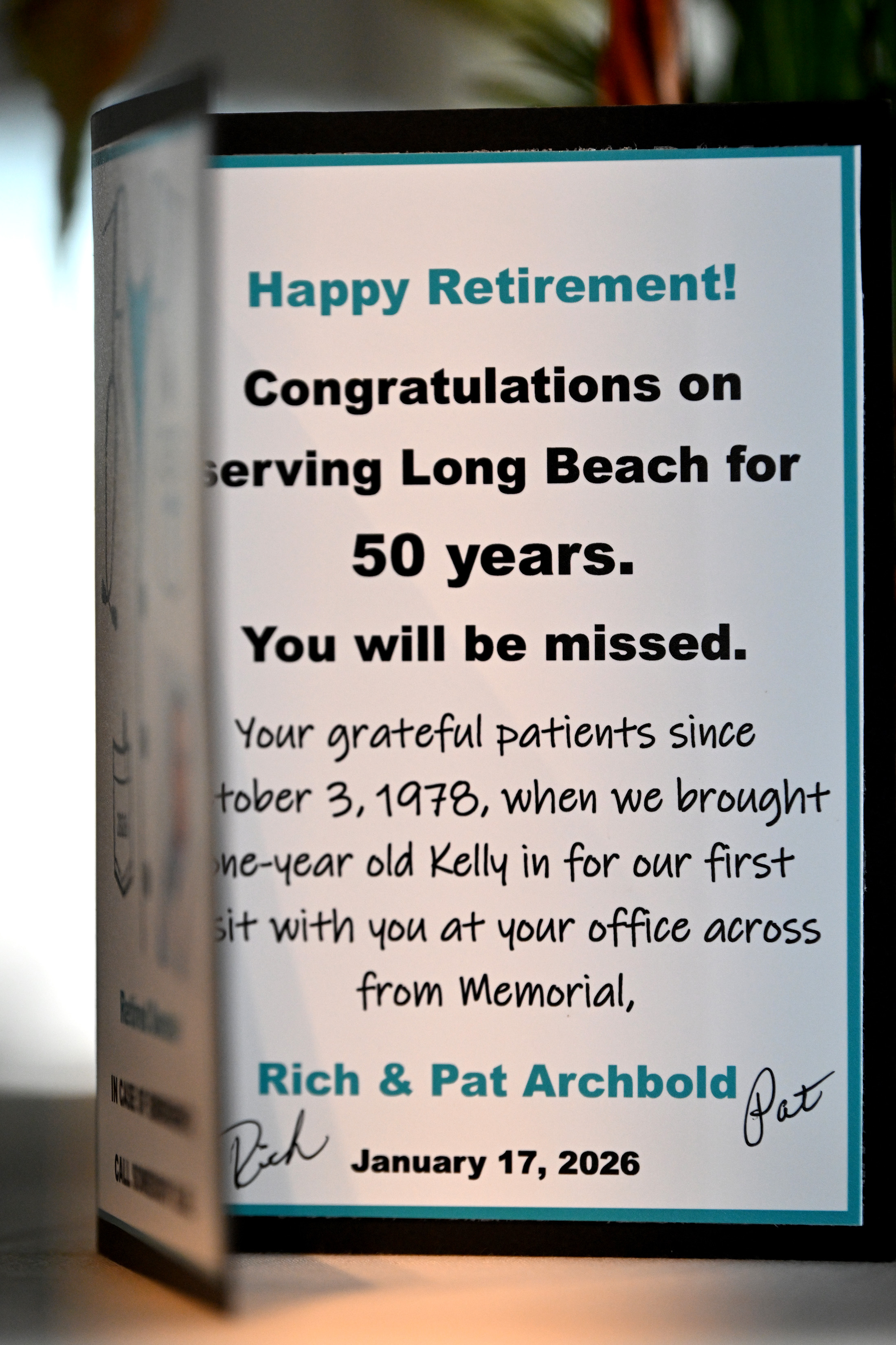 Pat and Rich Archboldâs card presented during a farewell reception...