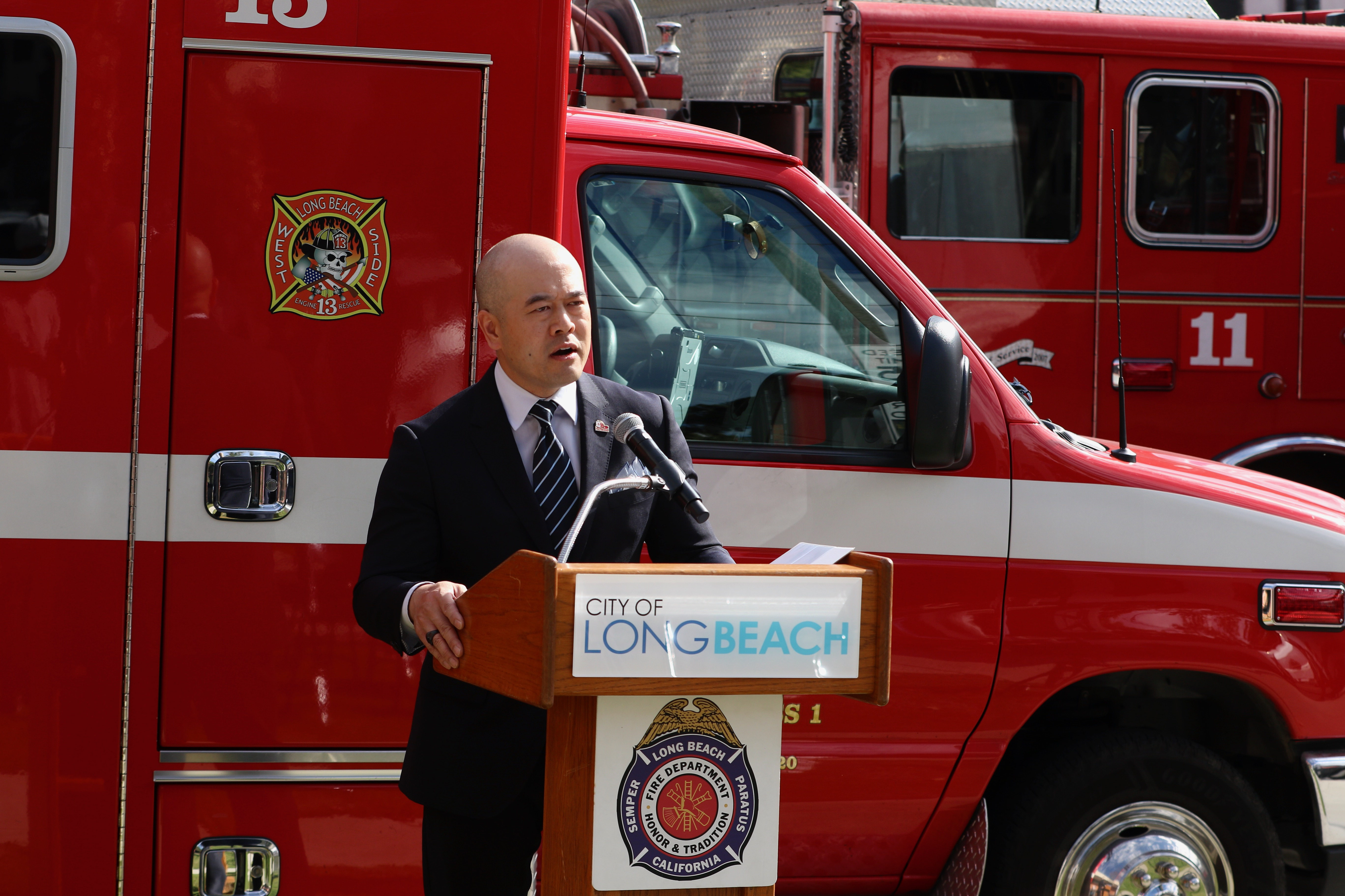 Lamont Nguyen, president of the Long Beach Firefighters Association, speaks...