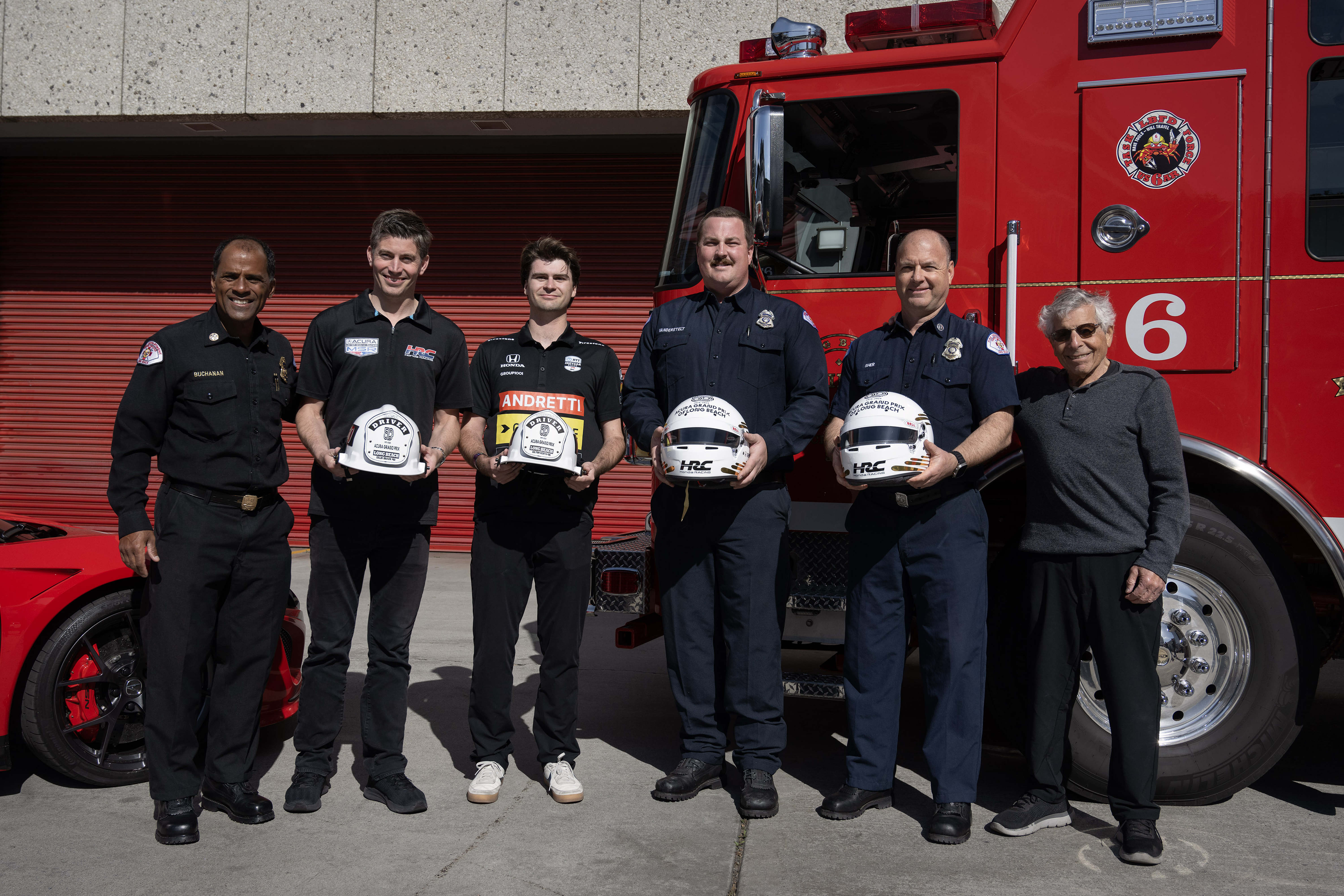 From left, LB Fire Chief Dennis Buchanan, LB Grand Prix...