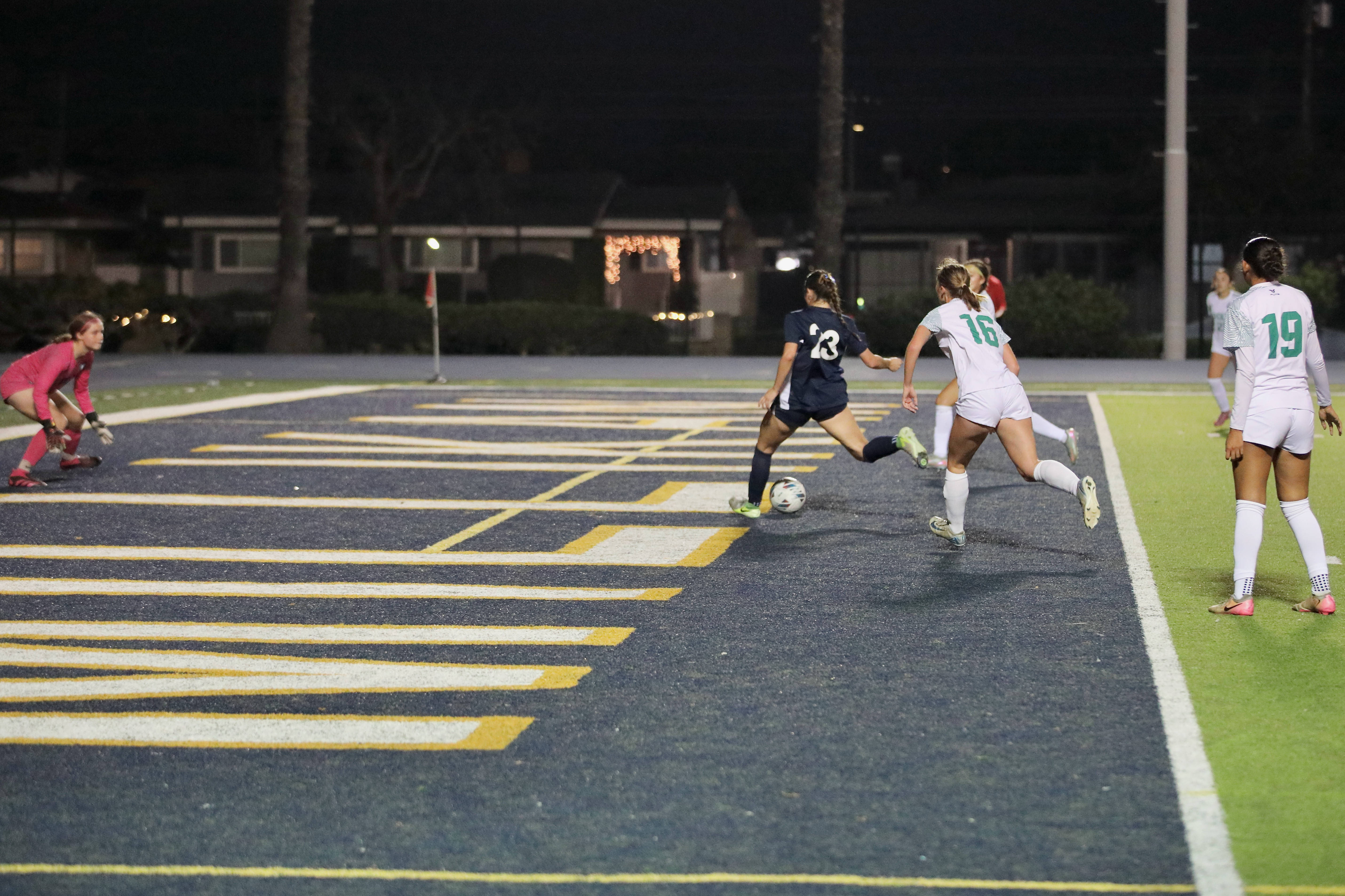Millikan sophomore Jayla Cortez (#23) scores the Ramsâ first goal...