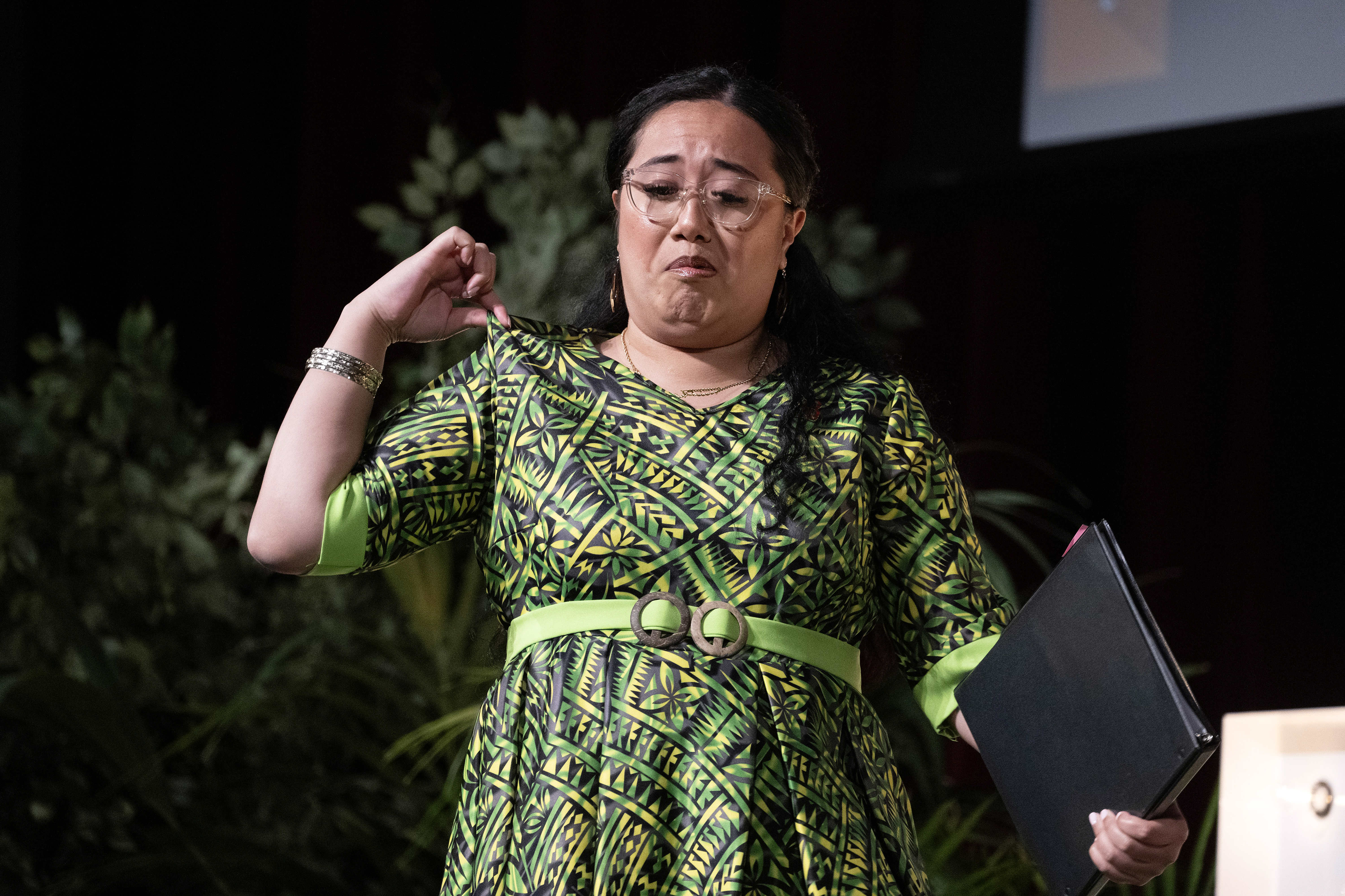 Student Trustee Pise Leiataua jokes with the audience during LBCCâs...