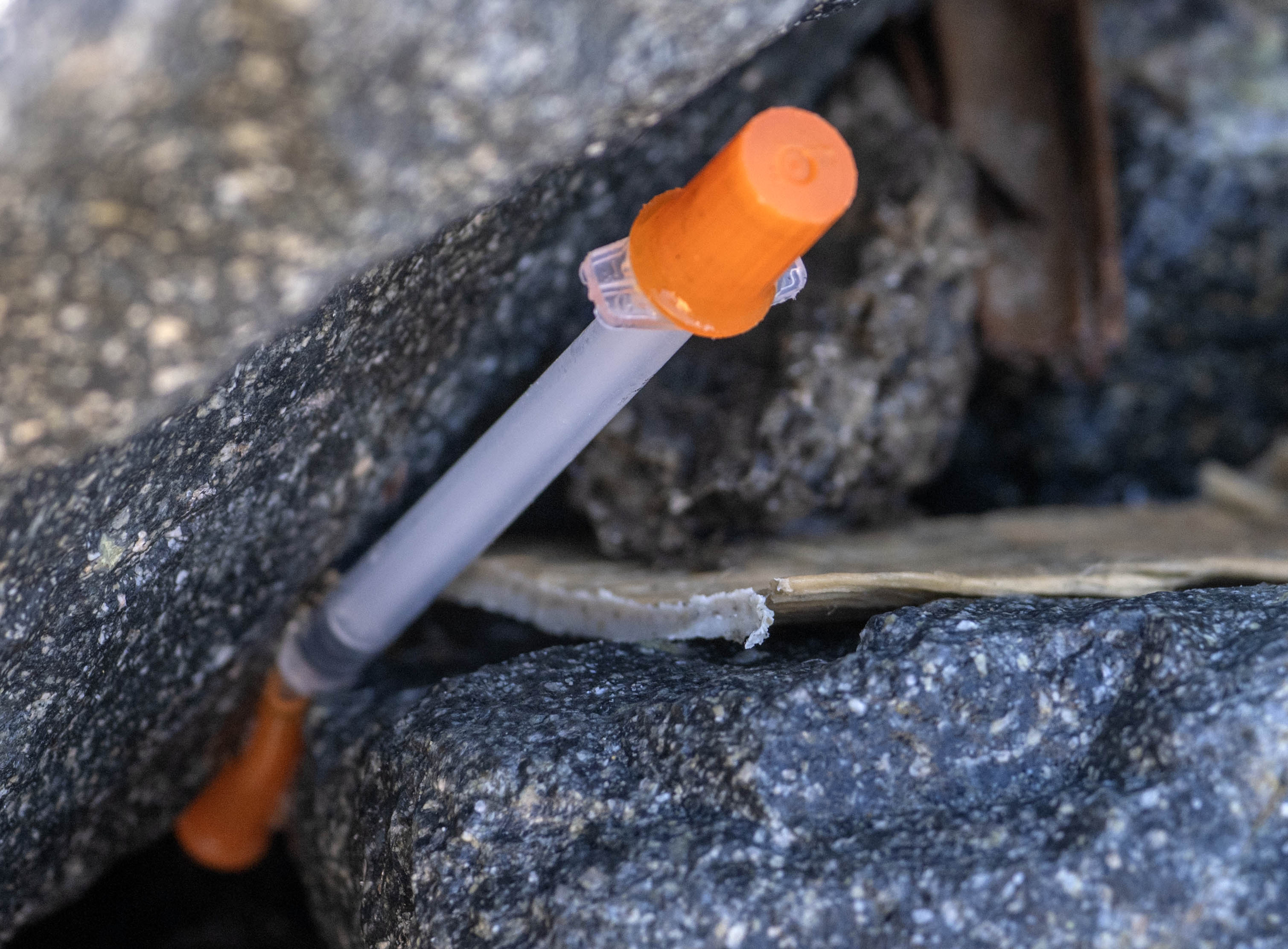 A hypodermic needle, discovered by teenage volunteers, is wedged between...