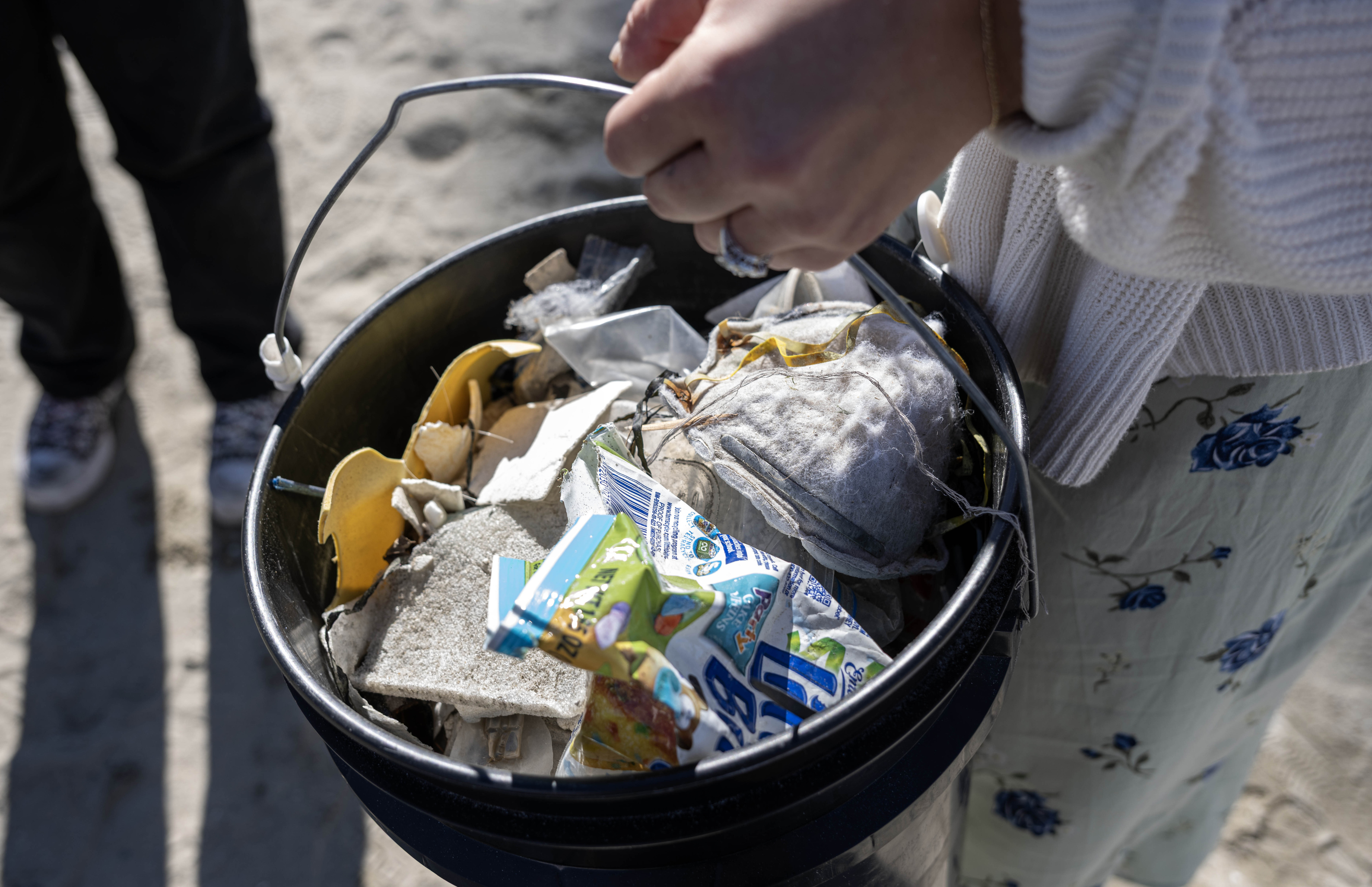 Dozens of volunteers pick up trash on the Long Beach...