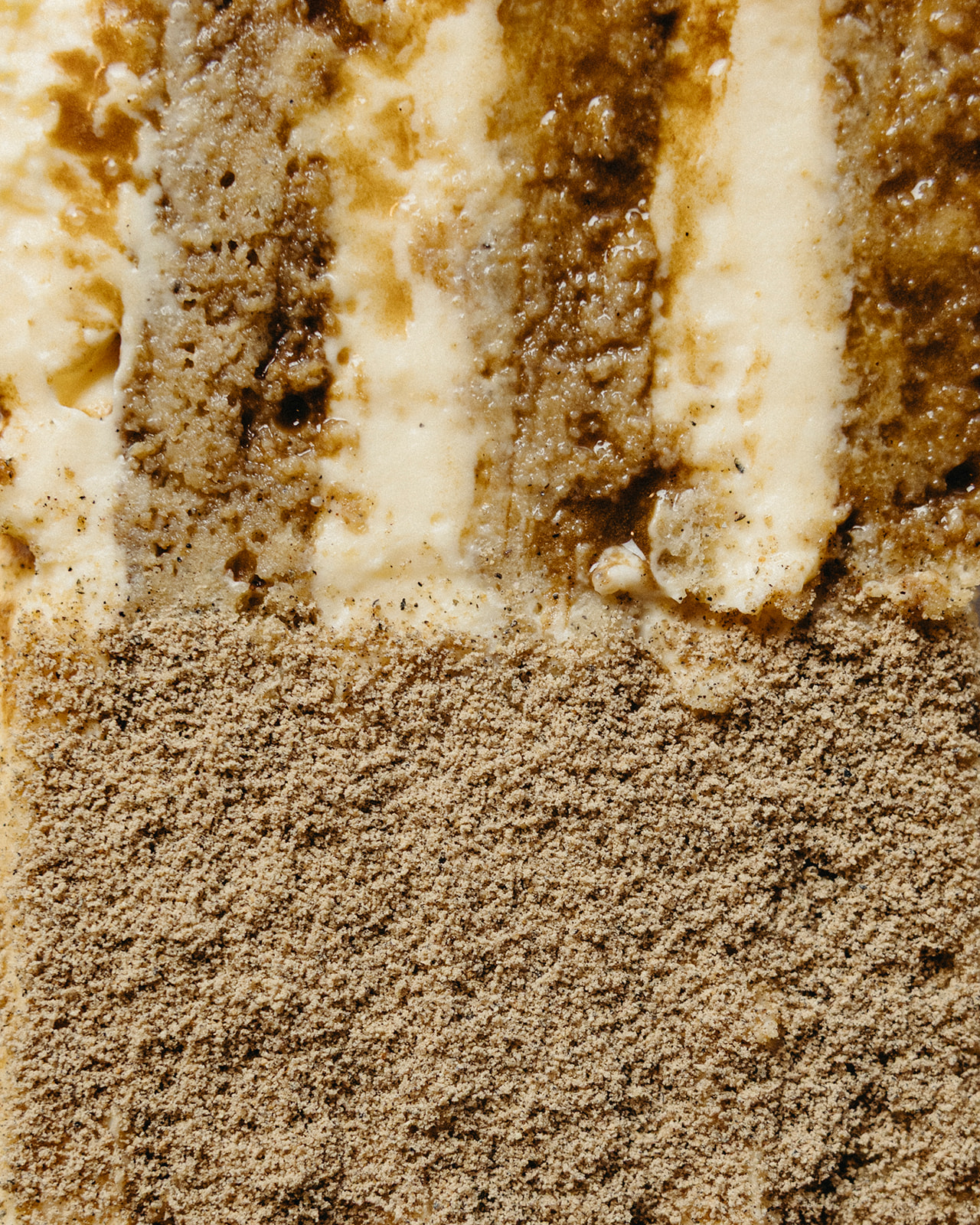 Close-up of tiramisu with misugaru and Jeju matcha.