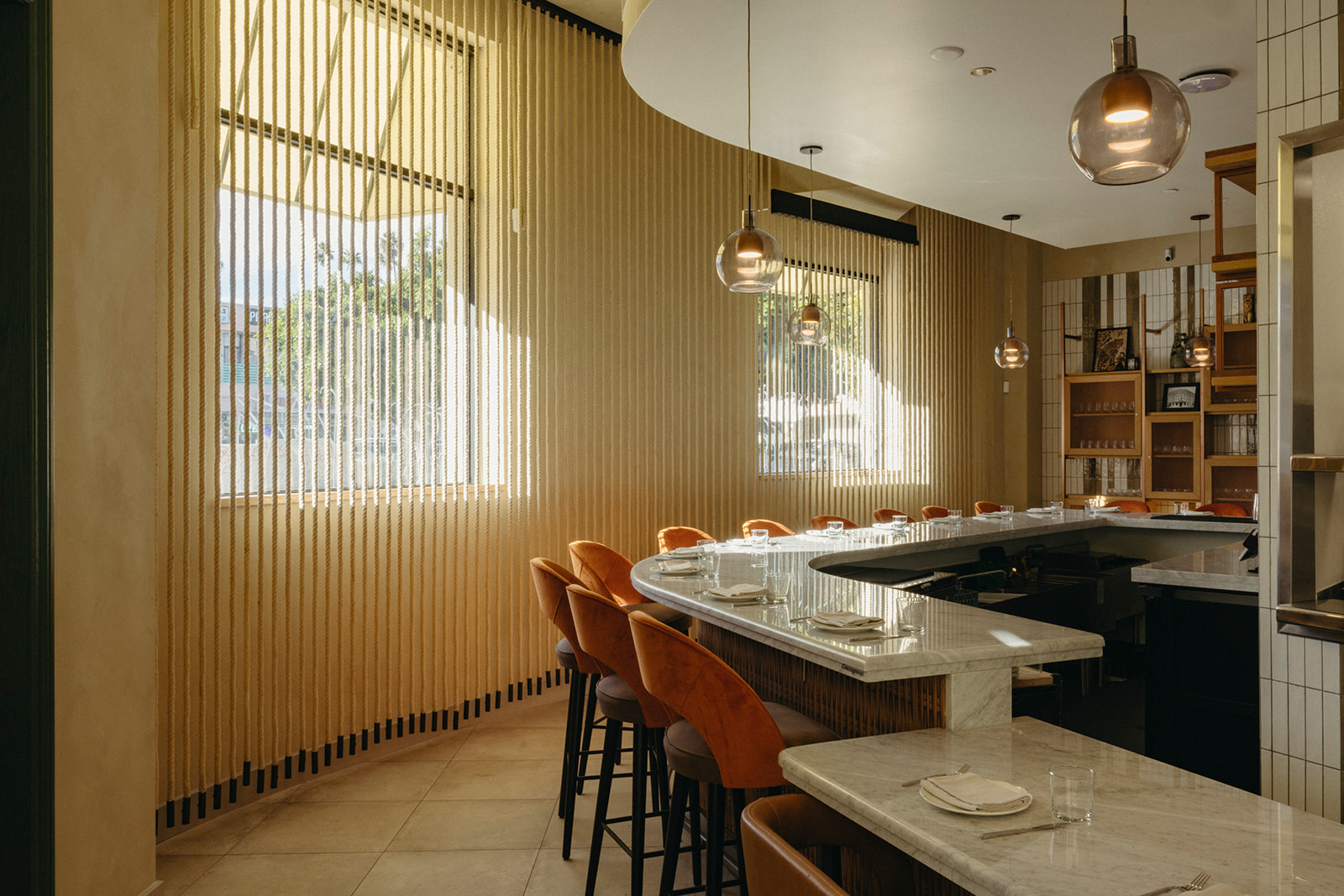 Interior of Lapaba with a stone pasta counter.