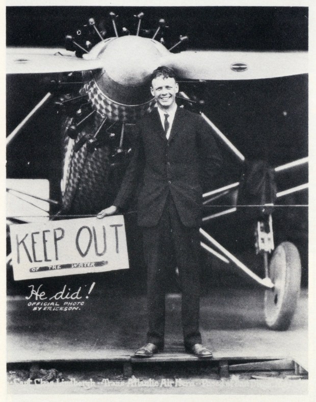 A confident Charles Lindbergh poses with the Spirit of St. Louis before leaving for New York for his flight to Paris. He hoped to stay out of the water and he did. (Jimmy Erickson)