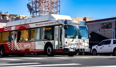 Metropolitan Transit System bus in Hillcrest heads to Downtown on Dec. 20, 2022.