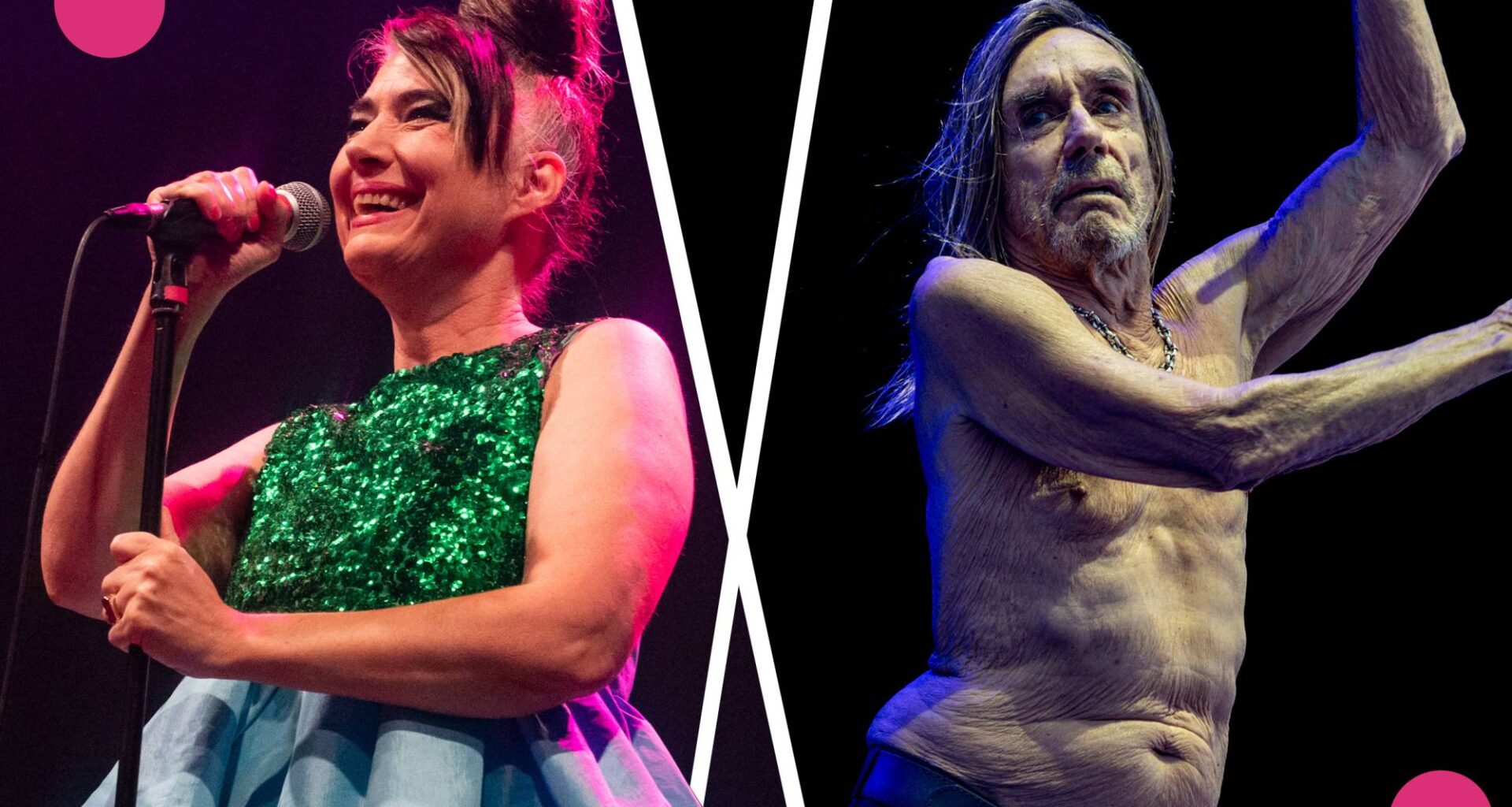 A woman in a green sequined top and hair done up sings into a microphone, looking to the left, while in a separate image, a man with no shirt raises his arms while facing right