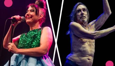 A woman in a green sequined top and hair done up sings into a microphone, looking to the left, while in a separate image, a man with no shirt raises his arms while facing right