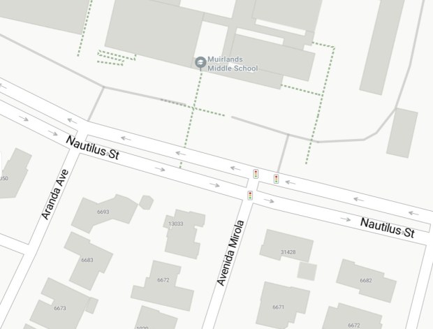 A proposal from residents calls for moving the bus zone for Muirlands Middle School on Nautilus Street from the west side of Avenida Mirola to the east side. (Bing Maps and La Jolla Light)