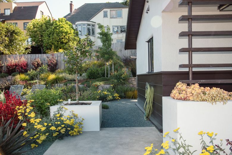 A neat backyard garden. While the yard has many plants and flowers, the five feet closest to the base of the house are free of all vegetation.