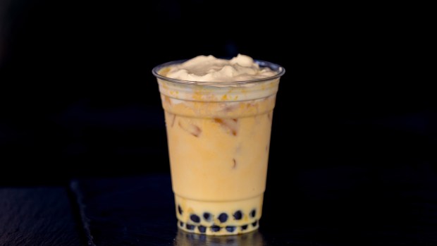 Mango Milk Tea available at Lucky Fortune Cookery during the 2026 Lunar New Year food festival at Disney California Adventure. (Courtesy of Disneyland)