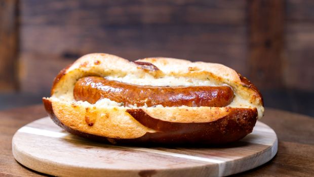 Cheesy Garlic Pretzel Brat available at Maurice's Treats in Disneyland during the 70th anniversary celebration. (Courtesy of Disneyland)