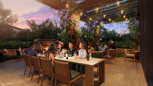 Concept art of the Napa Rose renovation that will expand the outdoor patio with two new fireplaces at the Disney's Grand Californian fine dining restaurant. (Courtesy of Disneyland)