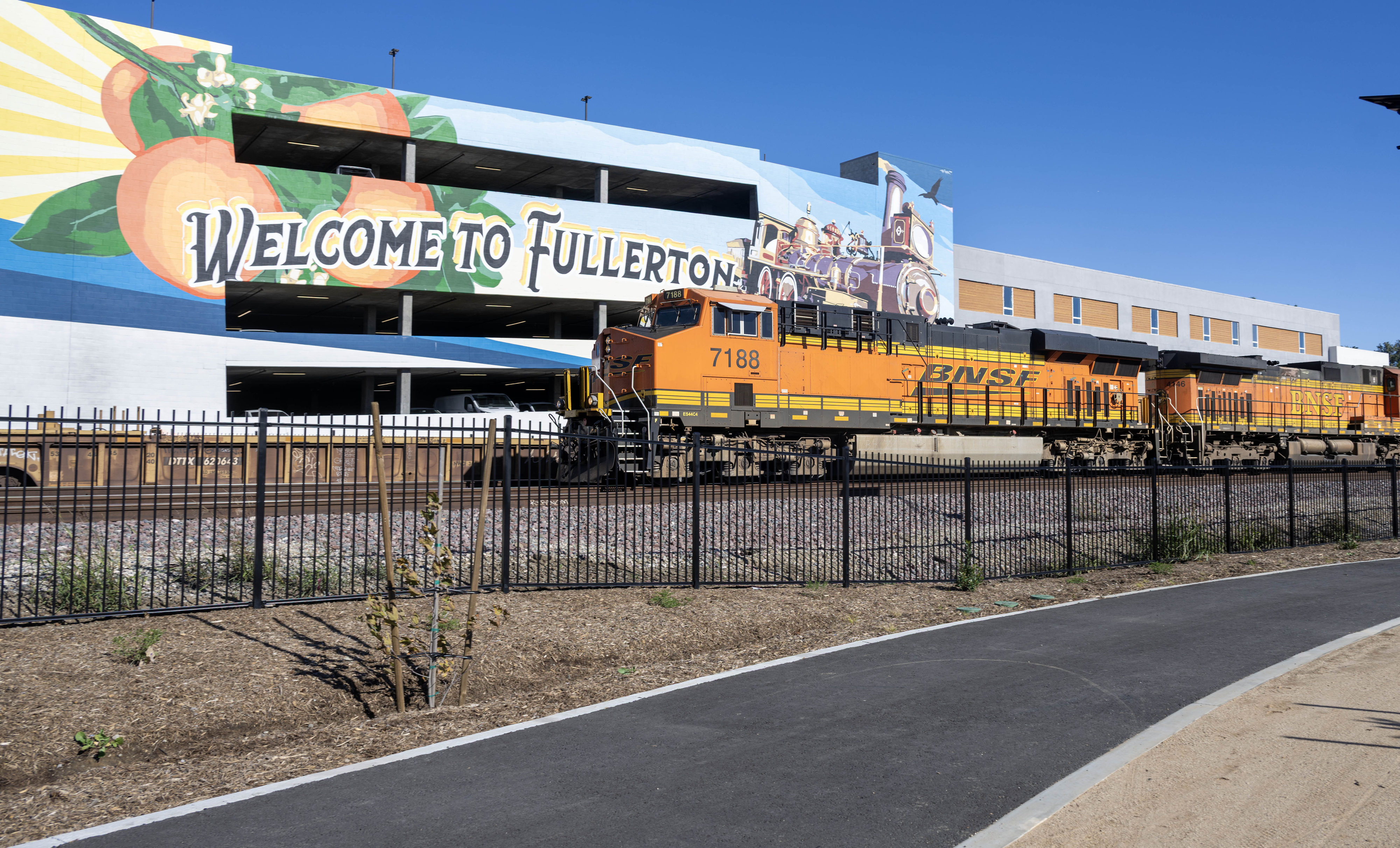 The aptly-named Union Pacific Trail in Fullerton features passing trains...