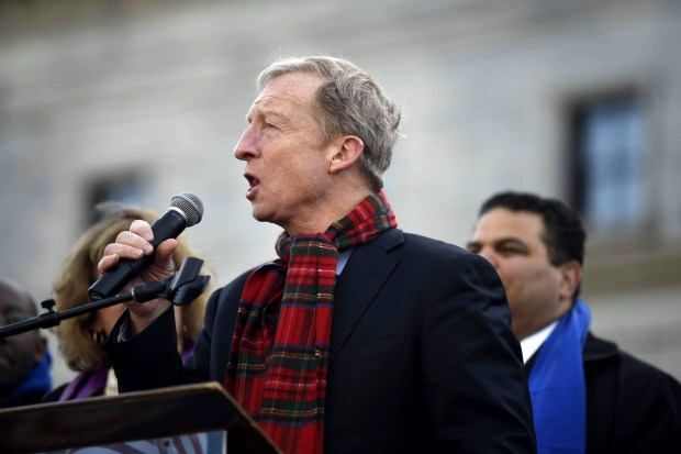 Democratic presidential hopeful Tom Steyer speaks at a Dr. Martin Luther King Jr. Day rally on Monday, Jan. 20, 2020, in Columbia, S.C. (AP Photo/Meg Kinnard)