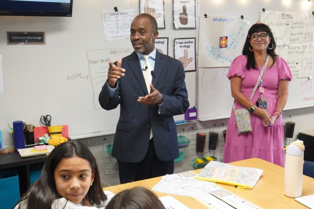 Tony Thurmond talks with the students at Valley Vista Elementary School on Thursday, July 24, 2025 in Bonita, CA. (Michael Ho / The San Diego Union-Tribune)