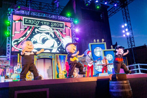 "Snoopy's Legendary Rooftop Concert" takes over the Calico Mine Stage in the evening during Peanuts Celebration at Knott's Berry Farm. (Courtesy of Knott's)