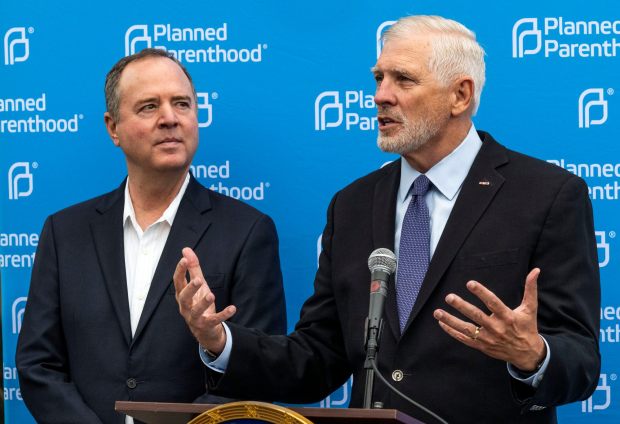 Sen. Tom Umberg (right) is behind a new bill in the California Legislature that he says could "place California at the forefront of national efforts to protect voters from a potential constitutional crisis." He's pictured here speaking at a press conference in Anaheim in September 2025 along with U.S. Sen. Adam Schiff (left). (Photo by Paul Bersebach, Orange County Register/SCNG)
