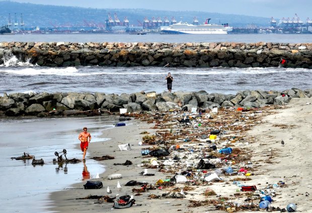 Trash sits on the northern most part the beach near the mouth of the San Gabriel River in Seal Beach, CA in August, 2023. (Photo by Jeff Gritchen, Orange County Register/SCNG)