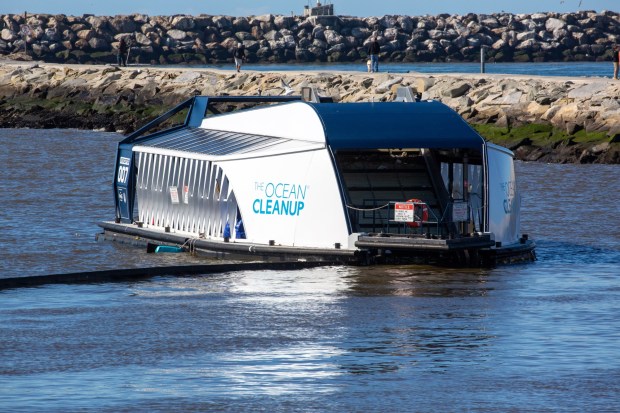 The Ballona Creek trash interceptor 007 was launched in Los Angeles County waters to try and scoop up trash in Ballona Creek before it washes into the ocean. (Photo by contributing photographer Chuck Bennett)