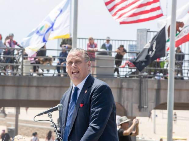 Sen. Tony Strickland, R-Huntington Beach, is behind a bill that would require the California Legislature to OK new or changed regulations that would cost at least $50 million. He's pictured here at a Huntington Beach Memorial Day ceremony in 2025. (Photo by Sam Gangwer/Contributing Photographer)