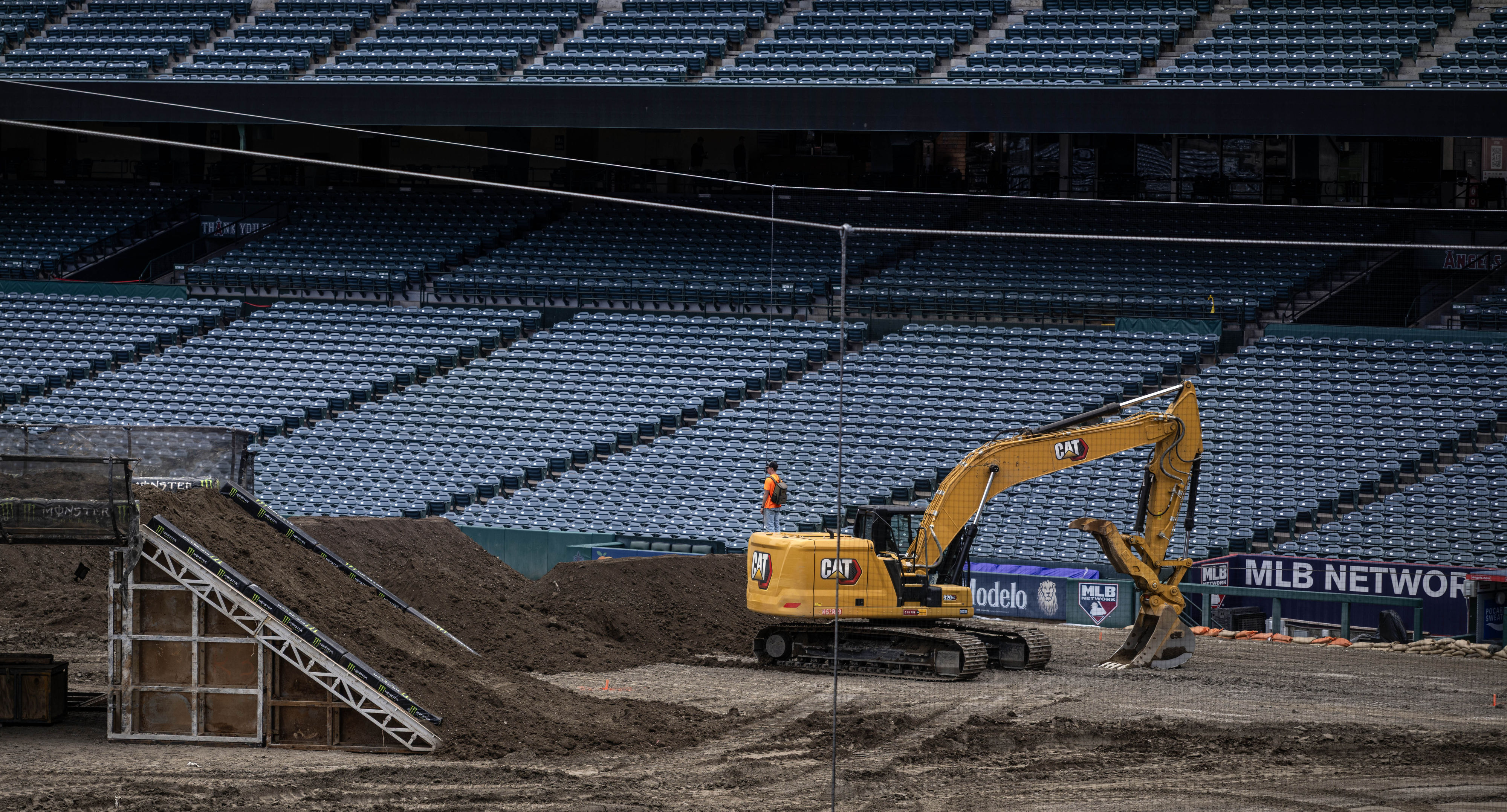 Angel Stadium of Anaheim is transformed from a green baseball...