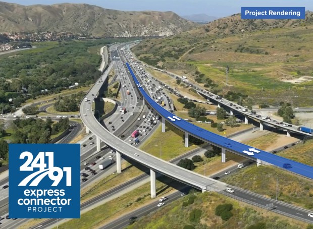 A rendering of the connector bridge that will be built between the 241 Toll Road, seen toward the left, and the 91 Freeway Express Lanes, which is expected to reduce congestion and improve safety where the two systems merge. (Courtesy of the Transportation Corridor Agencies)