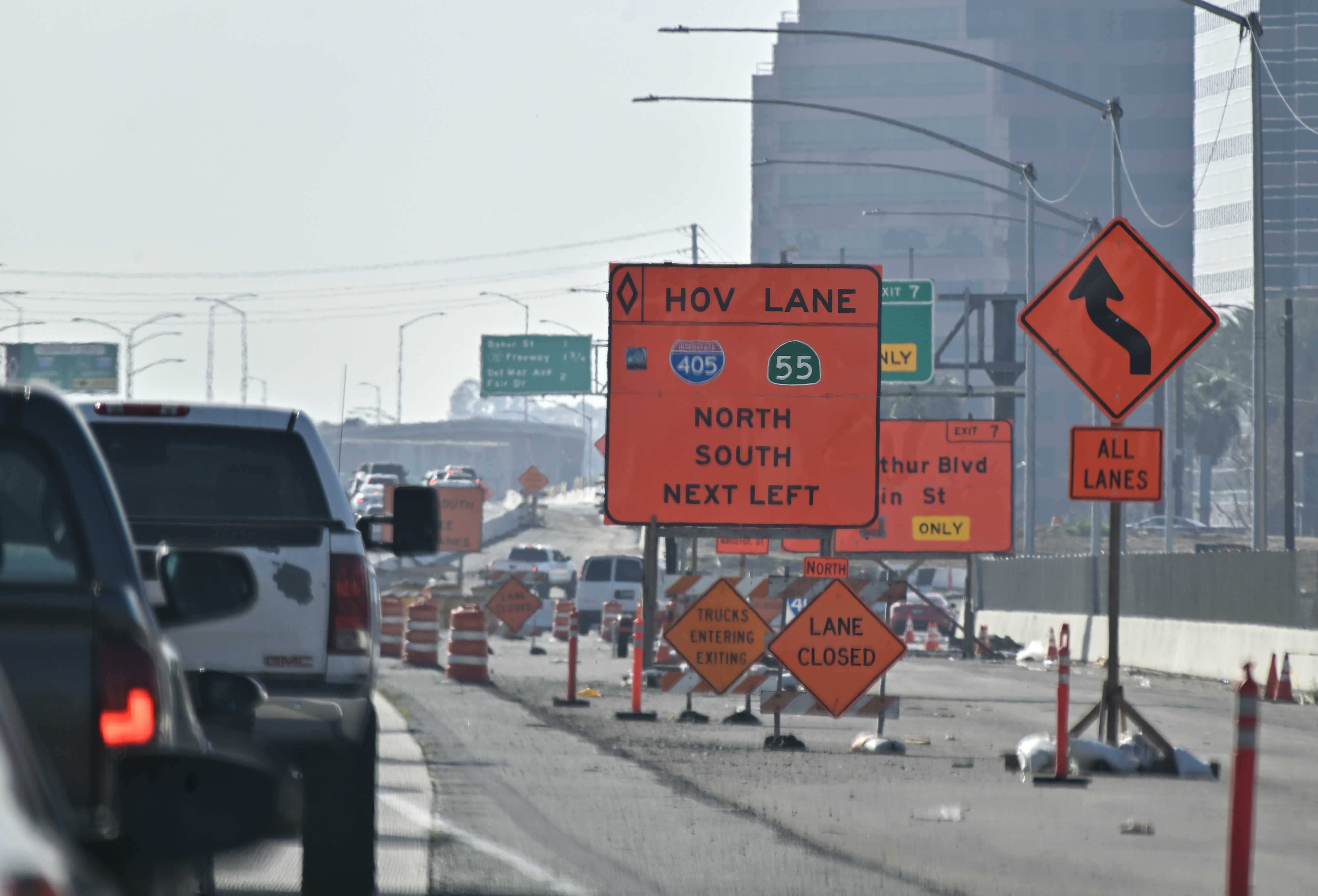 Construction signs on the southbound 55 Freeway in Santa Ana,...