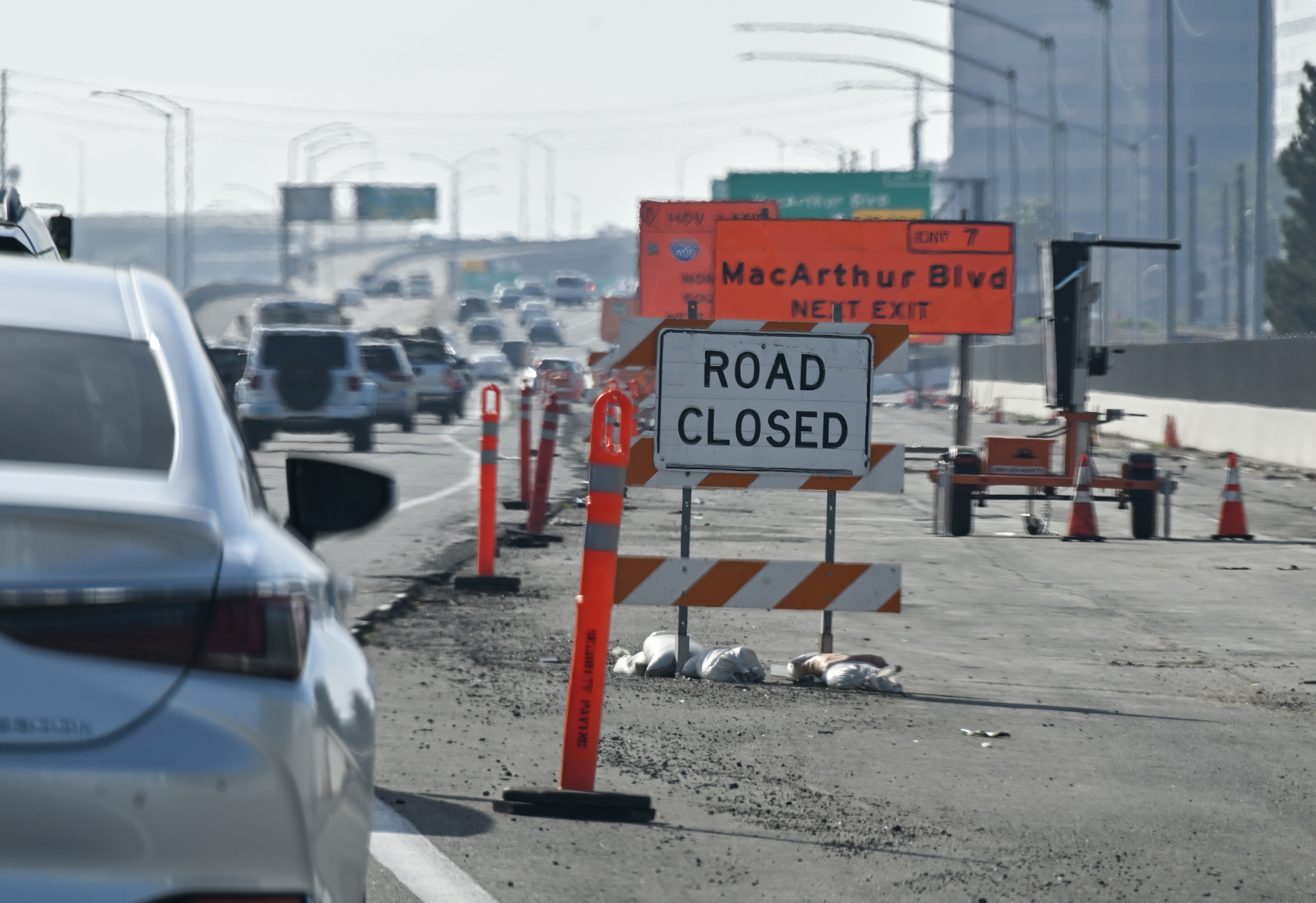 Construction signs on the southbound 55 Freeway in Santa Ana,...
