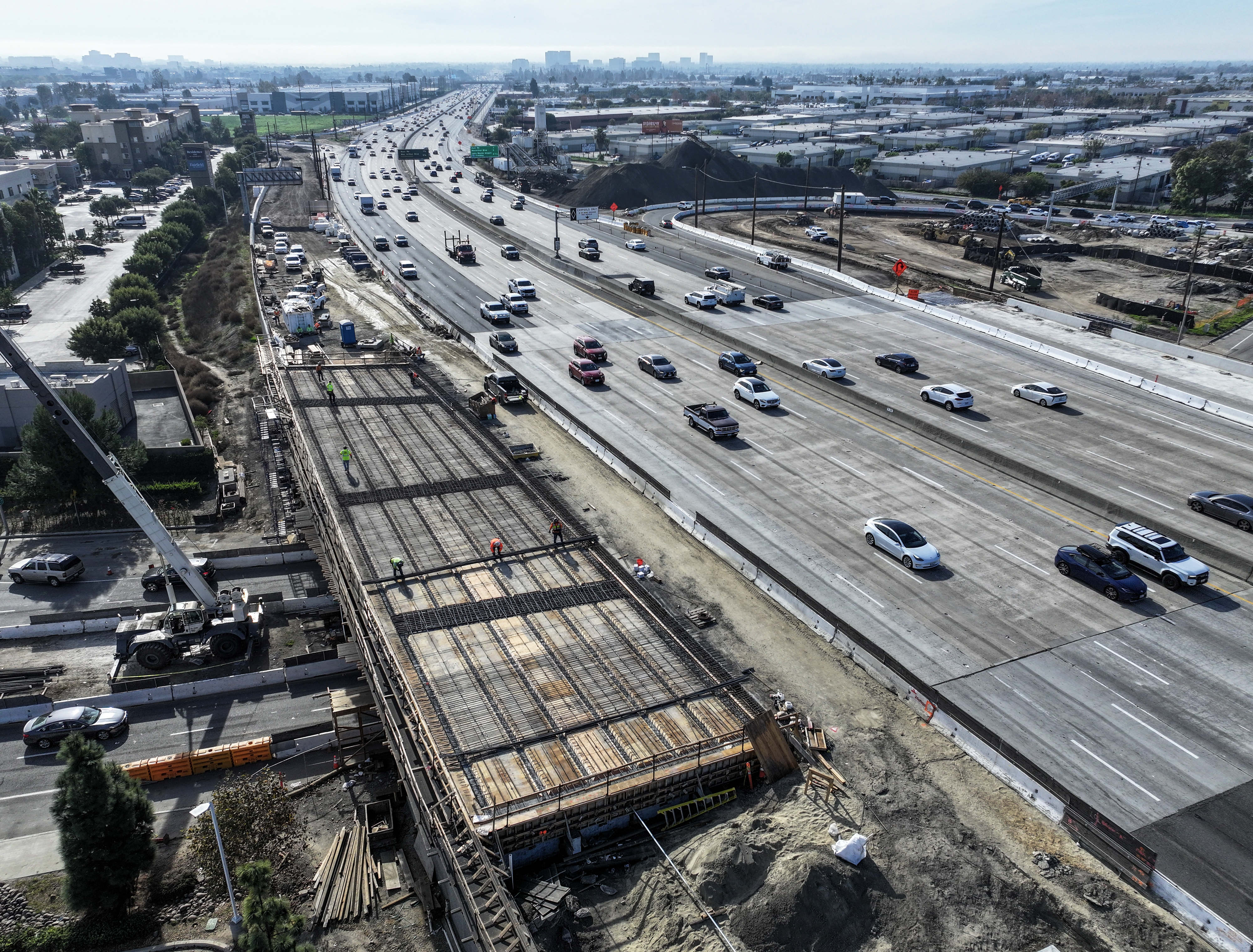 The 55 Freeway looking south at Edinger Avenue in Santa...