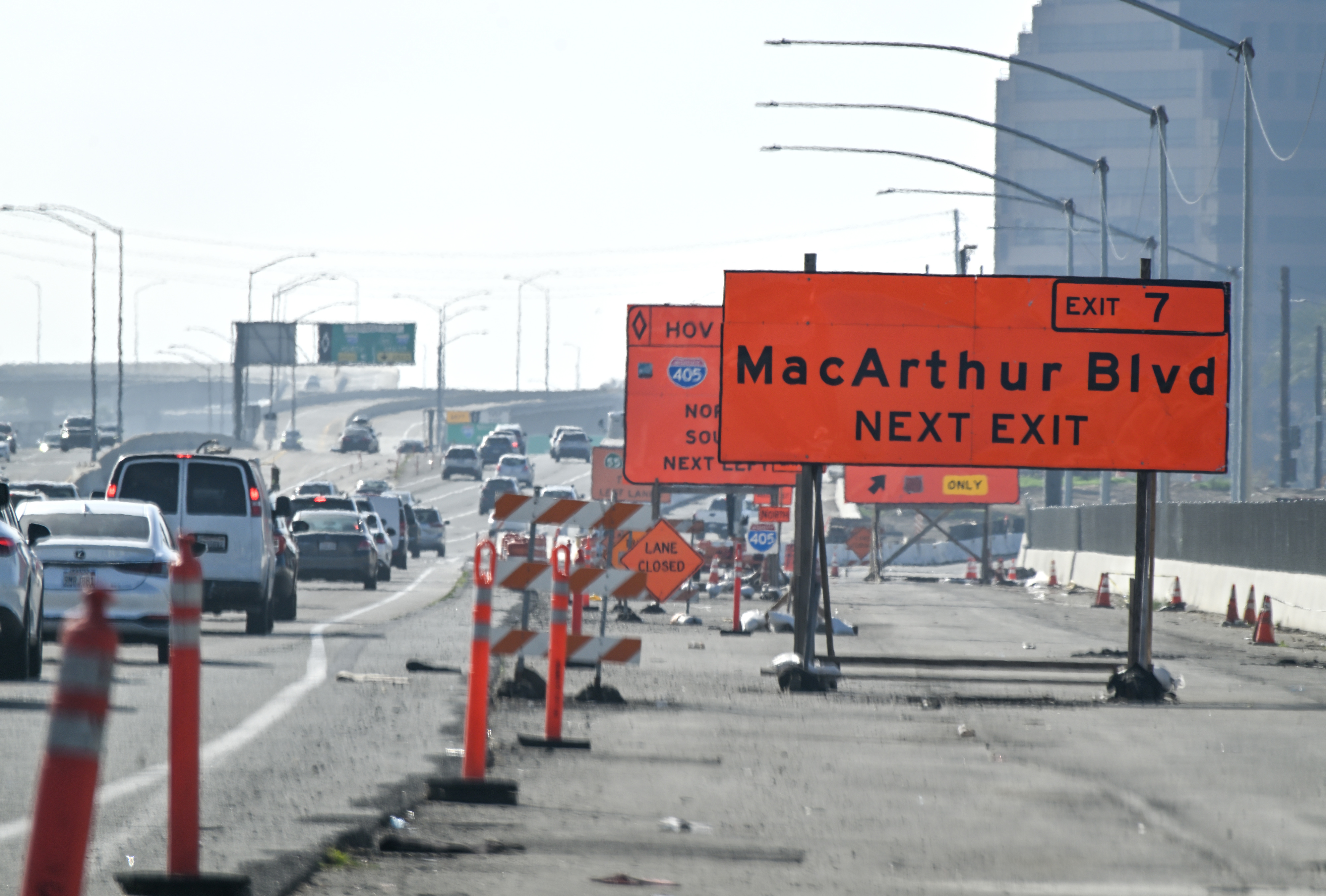 Construction signs on the southbound 55 Freeway in Santa Ana,...