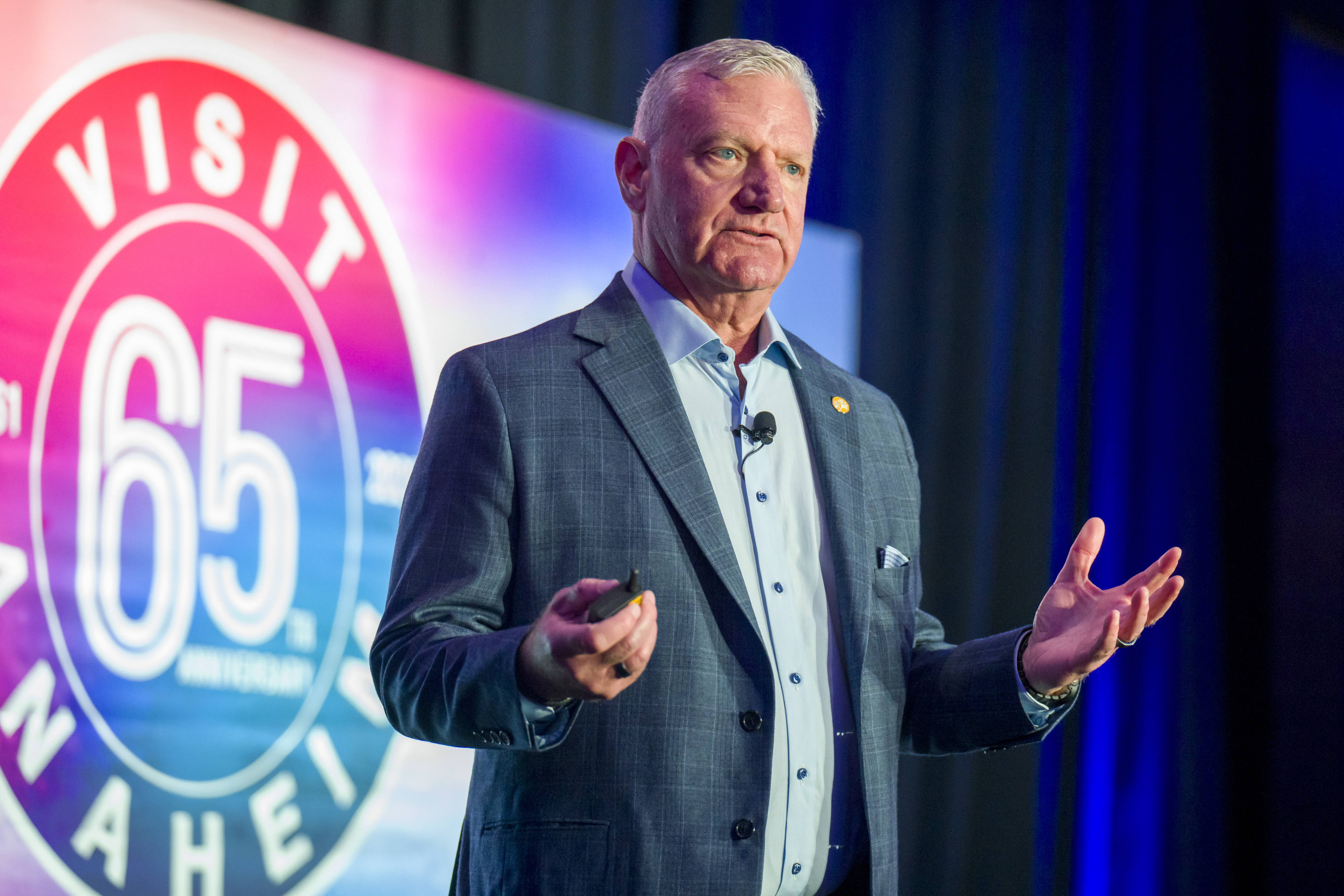 Mike Waterman, president and CEO of Visit Anaheim speaks during...