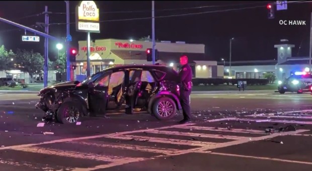 A car that was not part of a police pursuit was struck by a Westminster patrol car on Sunday, Jan. 18, 2026. (Photo by OC Hawk)